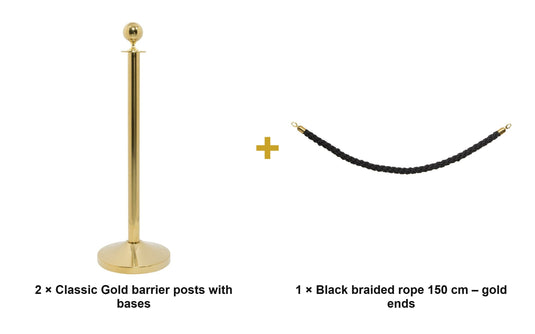 Securit Entrance Barrier Set - Classic Gold - 2 Posts & Bases + Black Braided Rope - what is in the set