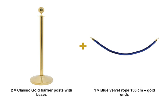Securit Entrance Barrier Set - Classic Gold - 2 Posts & Bases + Blue Velvet Rope - what is in the set
