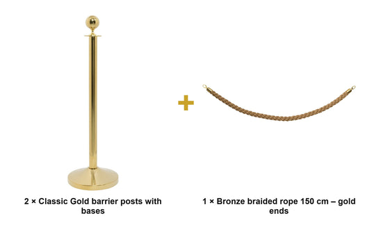 Securit Entrance Barrier Set - Classic Gold - 2 Posts & Bases + Bronze Braided Rope - what is in the set