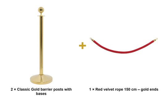 Securit Entrance Barrier Set - Classic Gold - 2 Posts & Bases + Red Velvet Rope - what is in the set