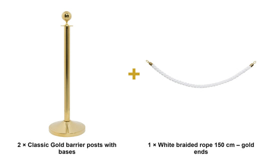 Securit Entrance Barrier Set - Classic Gold - 2 Posts & Bases + White Braided Rope - what is in the set