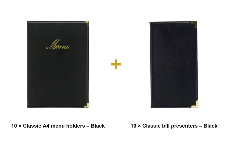 Load image into Gallery viewer, Securit Front-of-House Set - Classic A4 Black - 10 Menu Holders + 10 Bill Presenters - what is in the set
