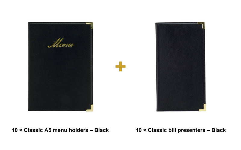 Load image into Gallery viewer, Securit Front-of-House Set - Classic A5 Black - 10 Menu Holders + 10 Bill Presenters - what is in the set
