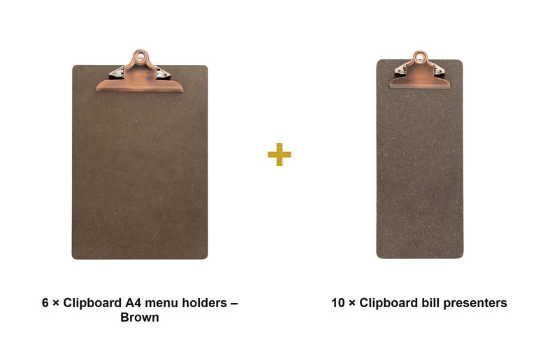 Load image into Gallery viewer, Securit Front-of-House Set - Clipboard A4 Brown - 6 Menu Holders + 10 Bill Presenters - what is in the set
