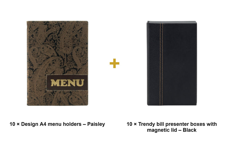 Load image into Gallery viewer, Securit Front-of-House Set - Design A4 Paisley - 10 Menu Holders + 10 Bill Presenter Boxes - what is in the set
