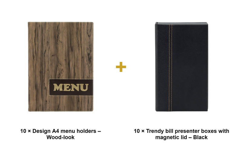 Load image into Gallery viewer, Securit Front-of-House Set - Design A4 Wood-look - 10 Menu Holders + 10 Bill Presenter Boxes - what is in the set
