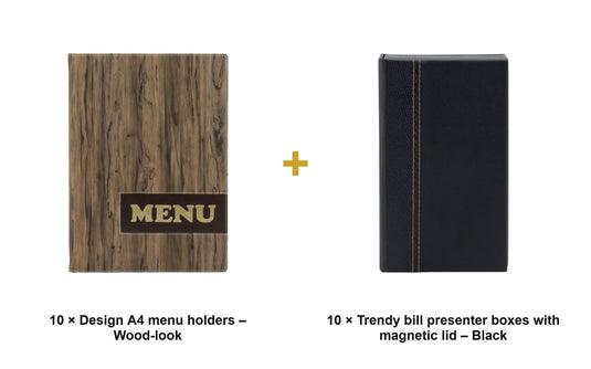 Securit Front-of-House Set - Design A4 Wood-look - 10 Menu Holders + 10 Bill Presenter Boxes - what is in the set