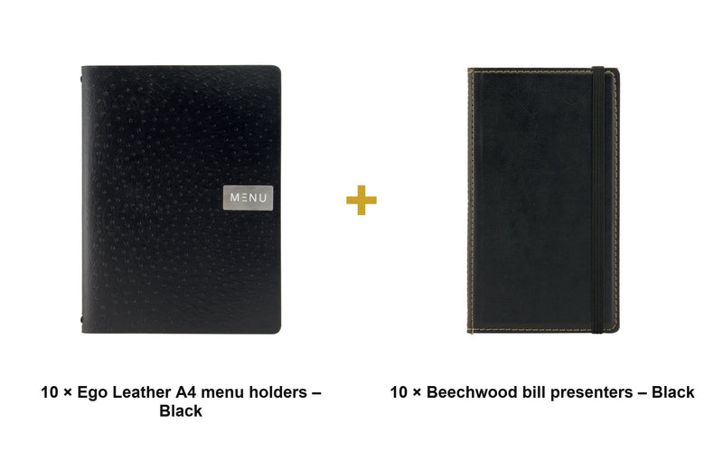 Load image into Gallery viewer, Securit Front-of-House Set - Leather Ego A4 Black - 10 Menu Holders + 10 Beechwood Bill Presenters - what is in the set
