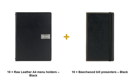 Securit Front-of-House Set - Leather Raw A4 Black - 10 Menu Holders + 10 Beechwood Bill Presenters - what is in the set