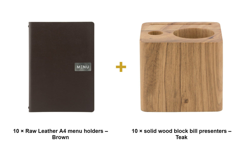 Load image into Gallery viewer, Securit Front-of-House Set - Leather Raw A4 Brown - 10 Menu Holders + 10 Teak Block Bill Presenters - what is in the set
