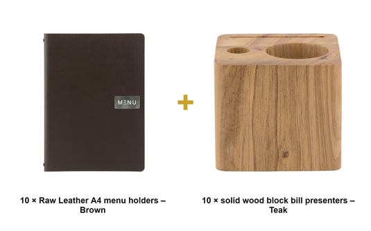Securit Front-of-House Set - Leather Raw A4 Brown - 10 Menu Holders + 10 Teak Block Bill Presenters - what is in the set