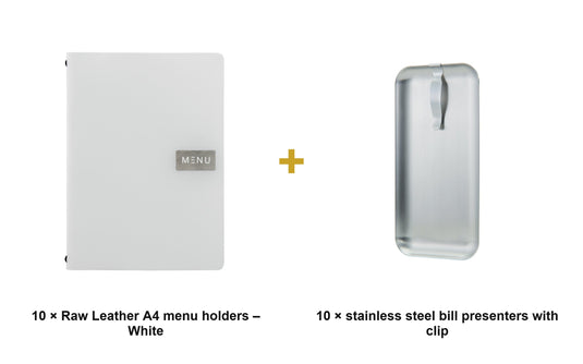 Securit Front-of-House Set - Leather Raw A4 White - 10 Menu Holders + 10 Stainless Steel Bill Presenters - what is in the set