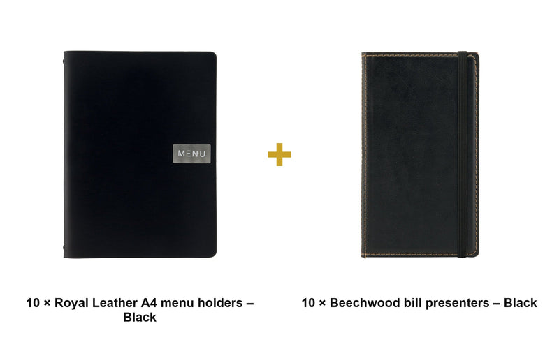Load image into Gallery viewer, Securit Front-of-House Set - Leather Royal A4 Black - 10 Menu Holders + 10 Beechwood Bill Presenters - what is in the set
