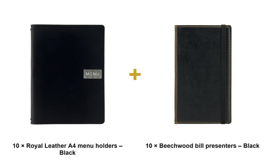 Securit Front-of-House Set - Leather Royal A4 Black - 10 Menu Holders + 10 Beechwood Bill Presenters - what is in the set