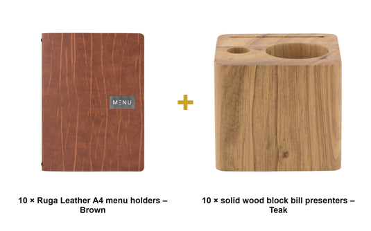 Securit Front-of-House Set - Leather Ruga A4 Brown - 10 Menu Holders + 10 Teak Block Bill Presenters - what is in the set