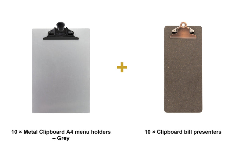 Load image into Gallery viewer, Securit Front-of-House Set - Metal Clipboard A4 Grey - 10 Menu Holders + 10 Bill Presenters - what is in the set
