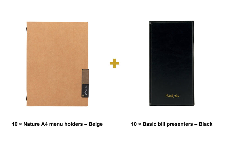Load image into Gallery viewer, Securit Front-of-House Set - Nature A4 Beige - 10 Menu Holders + 10 Bill Presenters - what is in the set
