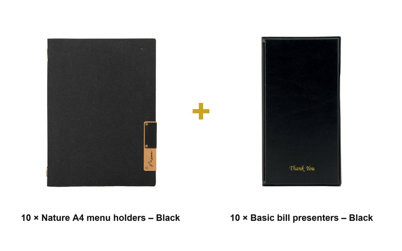 Load image into Gallery viewer, Securit Front-of-House Set - Nature A4 Black - 10 Menu Holders + 10 Bill Presenters - what is in the set
