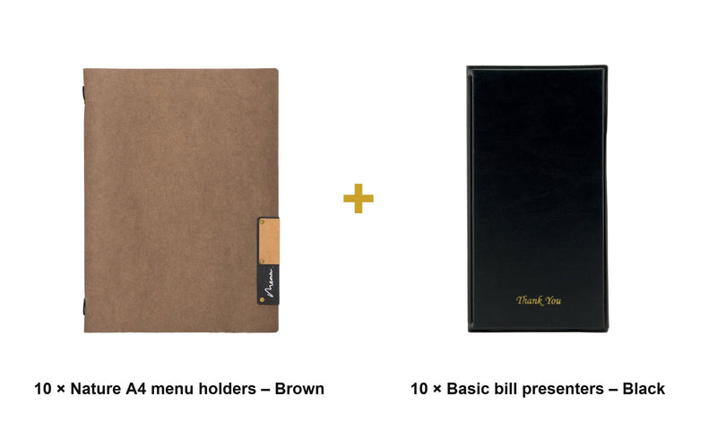 Load image into Gallery viewer, Securit Front-of-House Set - Nature A4 Brown - 10 Menu Holders + 10 Bill Presenters - what is in the set

