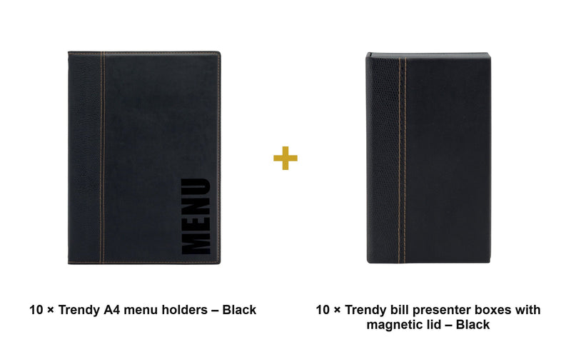 Load image into Gallery viewer, Securit Front-of-House Set - Trendy A4 Black - 10 Menu Holders + 10 Bill Presenter Boxes - what is in the set

