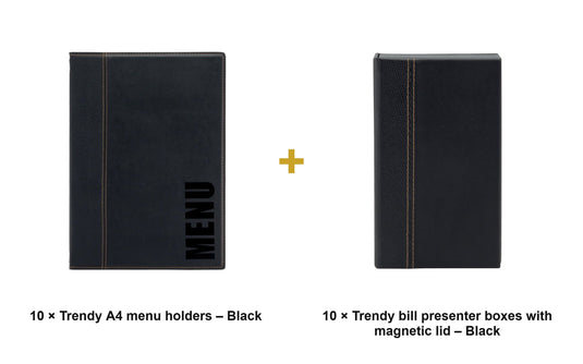 Securit Front-of-House Set - Trendy A4 Black - 10 Menu Holders + 10 Bill Presenter Boxes - what is in the set