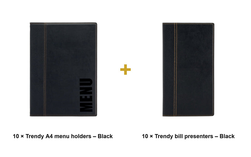Load image into Gallery viewer, Securit Front-of-House Set - Trendy A4 Black - 10 Menu Holders + 10 Bill Presenters - what is in the set
