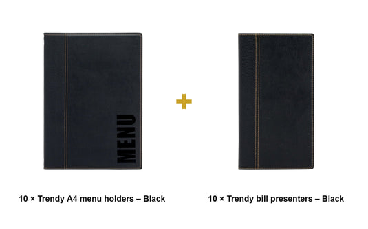 Securit Front-of-House Set - Trendy A4 Black - 10 Menu Holders + 10 Bill Presenters - what is in the set