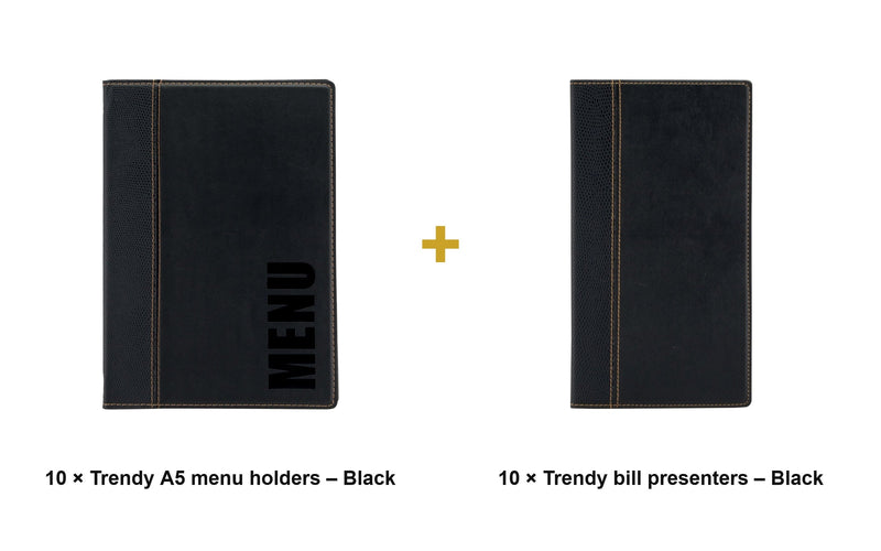 Load image into Gallery viewer, Securit Front-of-House Set - Trendy A5 Black - 10 Menu Holders + 10 Bill Presenters - what is in the set
