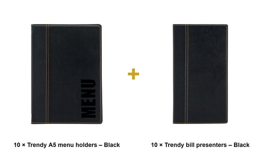 Securit Front-of-House Set - Trendy A5 Black - 10 Menu Holders + 10 Bill Presenters - what is in the set