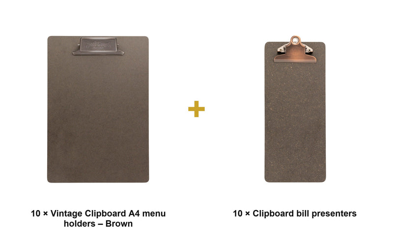 Load image into Gallery viewer, Securit Front-of-House Set - Vintage Clipboard A4 Brown - 10 Menu Holders + 10 Bill Presenters - what is in the set

