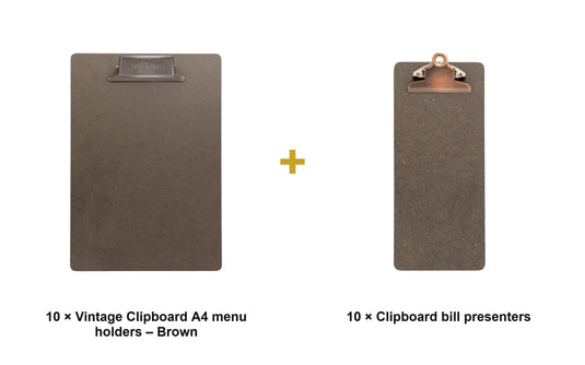 Securit Front-of-House Set - Vintage Clipboard A4 Brown - 10 Menu Holders + 10 Bill Presenters - what is in the set