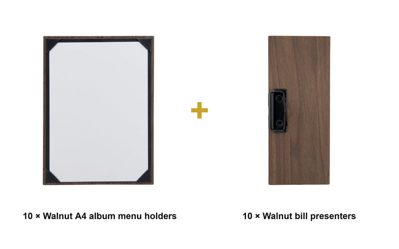Load image into Gallery viewer, Securit Front-of-House Set - Walnut A4 Album - 10 Menu Holders + 10 Bill Presenters - what is in the set
