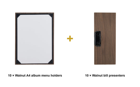 Securit Front-of-House Set - Walnut A4 Album - 10 Menu Holders + 10 Bill Presenters - what is in the set