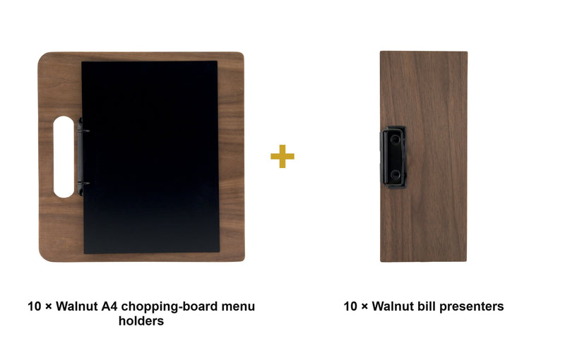 Load image into Gallery viewer, Securit Front-of-House Set - Walnut A4 Chopping Board - 10 Menu Holders + 10 Bill Presenters - what is in the set

