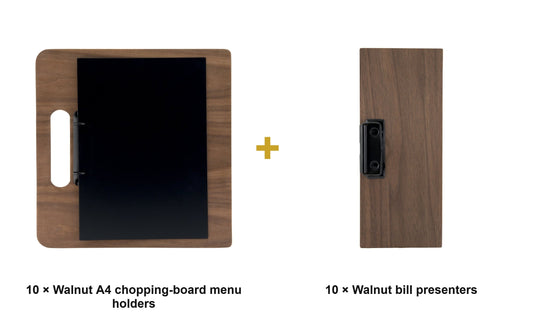 Securit Front-of-House Set - Walnut A4 Chopping Board - 10 Menu Holders + 10 Bill Presenters - what is in the set