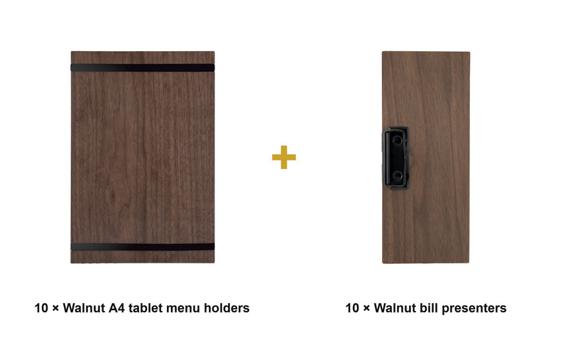 Load image into Gallery viewer, Securit Front-of-House Set - Walnut A4 Tablet - 10 Menu Holders + 10 Bill Presenters - what is in the set
