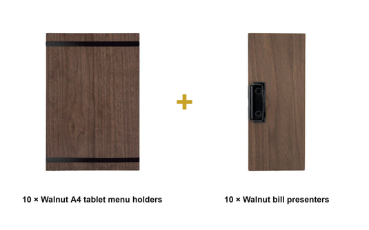 Securit Front-of-House Set - Walnut A4 Tablet - 10 Menu Holders + 10 Bill Presenters - what is in the set