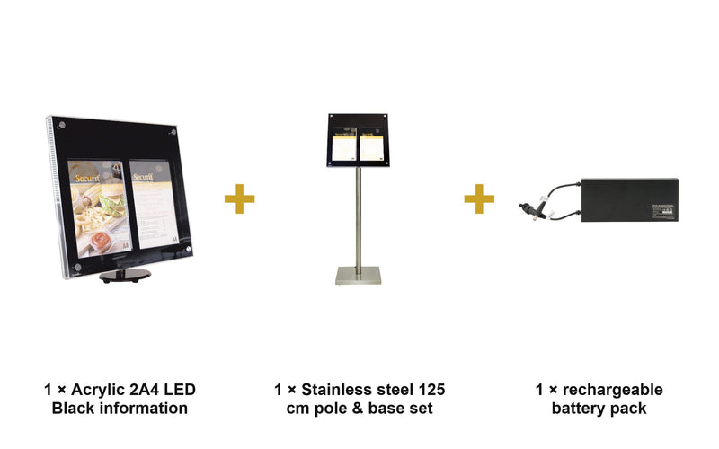 Load image into Gallery viewer, Securit Information Display Set - Acrylic 2A4 LED Black - Display + Pole &amp; Base + Battery - what is in the set
