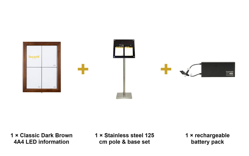 Load image into Gallery viewer, Securit Information Display Set - Classic Dark Brown 4A4 LED - Display + Pole &amp; Base + Battery - what is in the set
