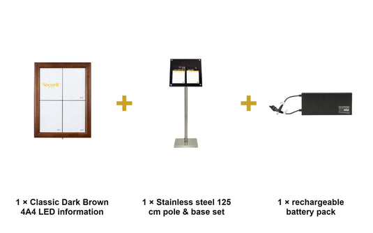 Securit Information Display Set - Classic Dark Brown 4A4 LED - Display + Pole & Base + Battery - what is in the set