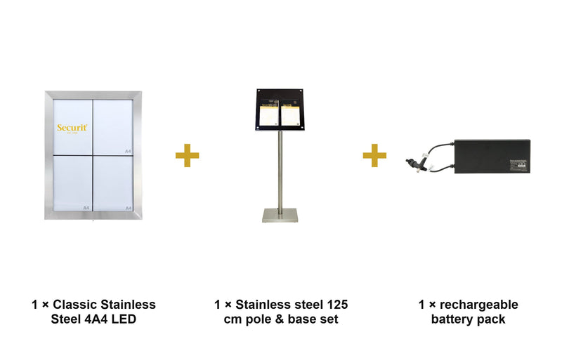 Load image into Gallery viewer, Securit Information Display Set - Classic Stainless Steel 4A4 LED - Display + Pole &amp; Base + Battery - what is in the set
