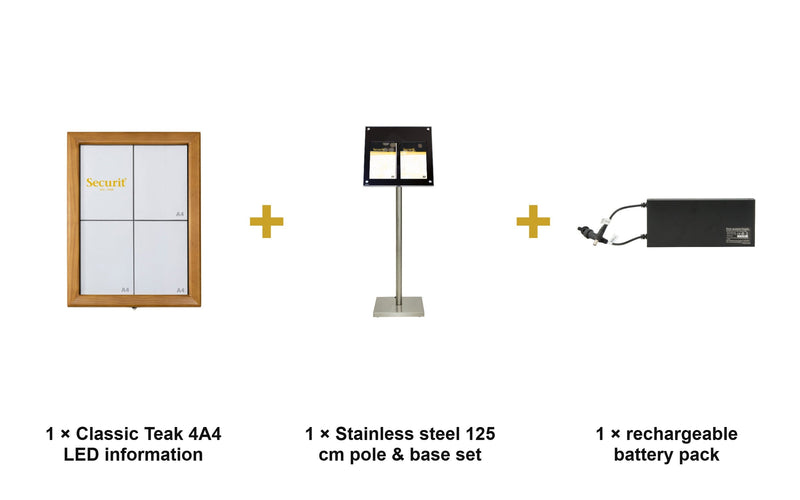 Load image into Gallery viewer, Securit Information Display Set - Classic Teak 4A4 LED - Display + Pole &amp; Base + Battery - what is in the set
