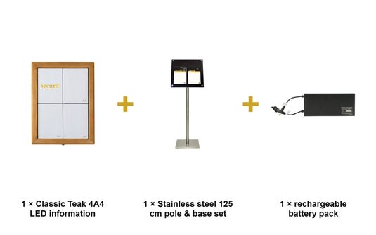 Securit Information Display Set - Classic Teak 4A4 LED - Display + Pole & Base + Battery - what is in the set