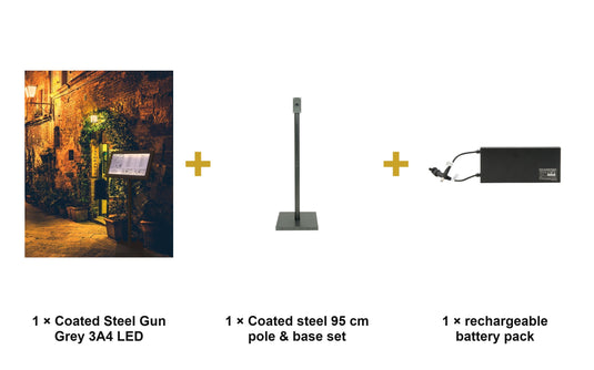 Securit Information Display Set - Coated Steel Gun Grey 3A4 LED - Display + Pole & Base + Battery - what is in the set