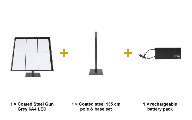 Load image into Gallery viewer, Securit Information Display Set - Coated Steel Gun Grey 6A4 LED - Display + Pole &amp; Base + Battery - what is in the set
