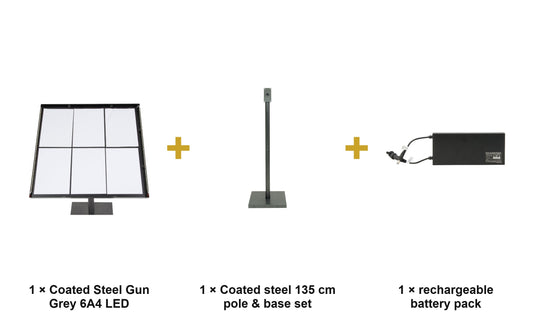 Securit Information Display Set - Coated Steel Gun Grey 6A4 LED - Display + Pole & Base + Battery - what is in the set