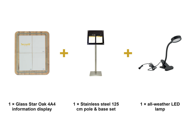 Load image into Gallery viewer, Securit Information Display Set - Glass Star Oak 4A4 - Display + Pole &amp; Base + LED Lamp - what is in the set
