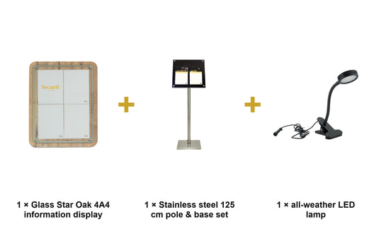 Securit Information Display Set - Glass Star Oak 4A4 - Display + Pole & Base + LED Lamp - what is in the set