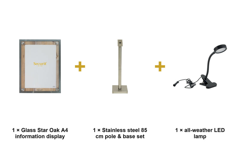 Load image into Gallery viewer, Securit Information Display Set - Glass Star Oak A4 - Display + Pole &amp; Base + LED Lamp - what is in the set
