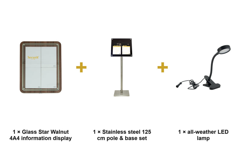 Load image into Gallery viewer, Securit Information Display Set - Glass Star Walnut 4A4 - Display + Pole &amp; Base + LED Lamp - what is in the set
